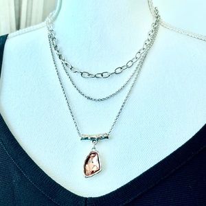 Pink Resin Crystal Multilayer Silver Necklace